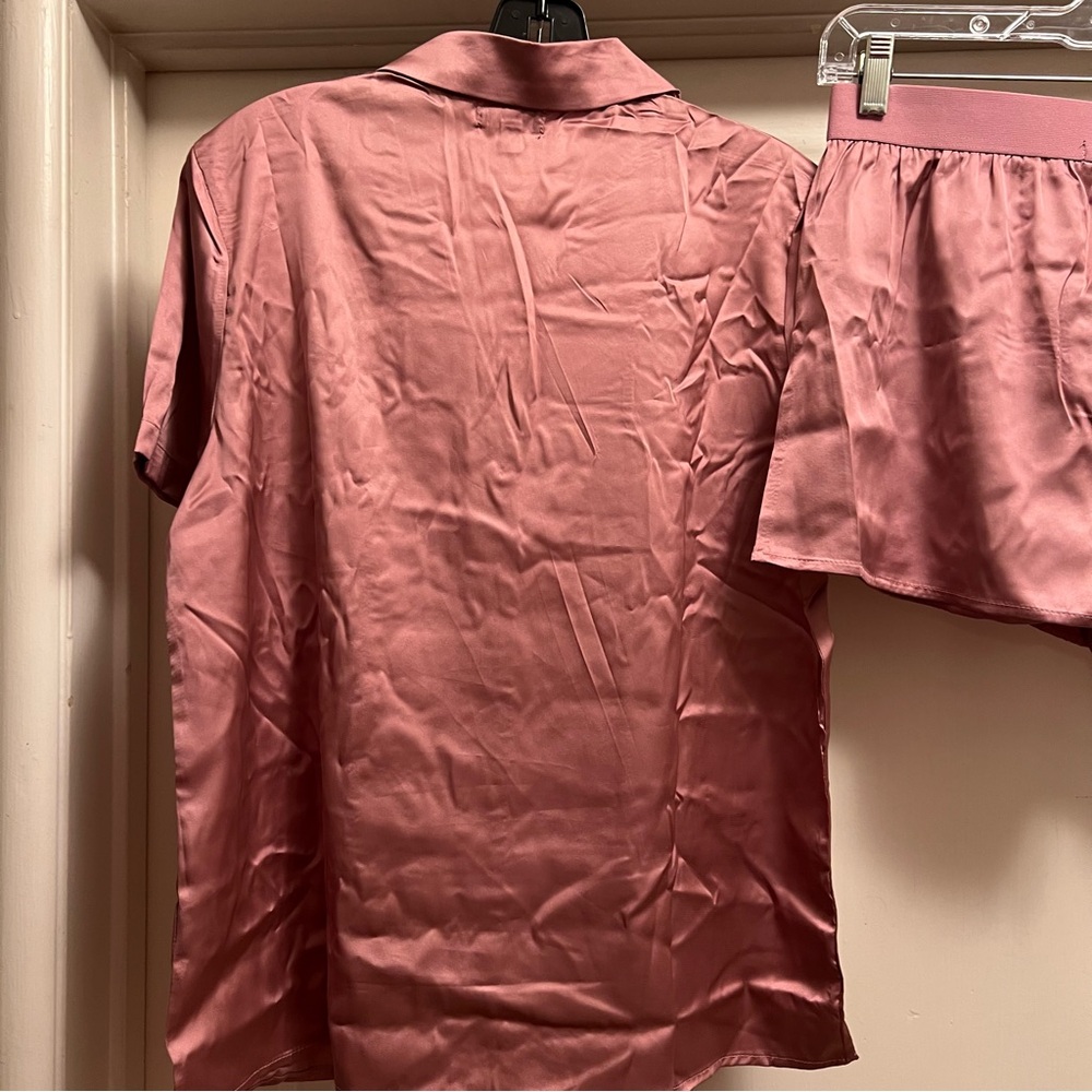 True Religion Pink Stretch Satin Boxer Pajamas with Notch Collar Button down Top - Picture 8 of 16